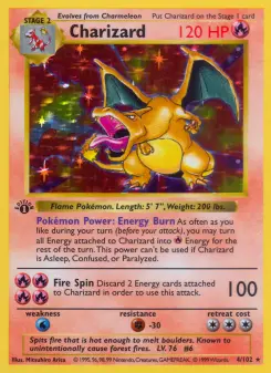 Carta Pokémon Charizard do Base Set de 1999, a carta clássica mais famosa do TCG